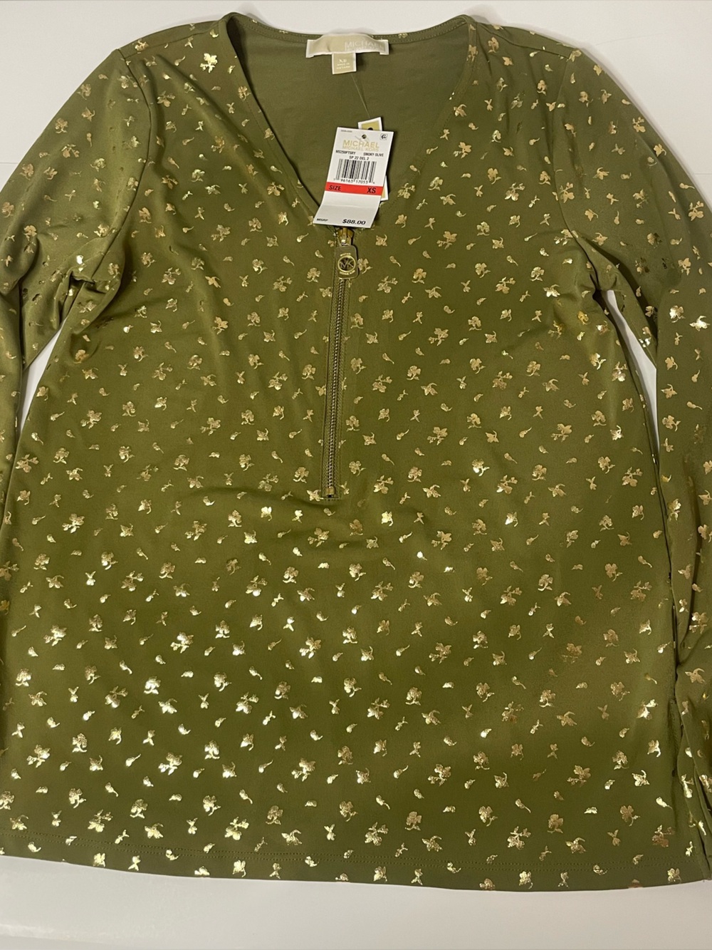 Michael Kors Smoky Olive Zip-Front Top with Metallic Gold Accents